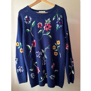1990s Light Cotton Handknit Sweater | Vintage Blue Floral Knit